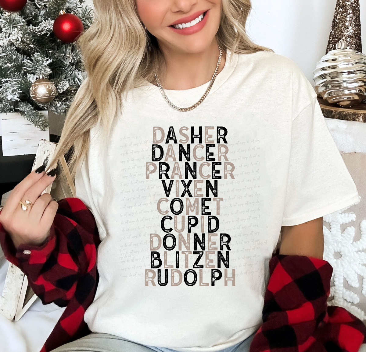Dasher Dancer Prancer Vixen Comet Cupid Donner Blitzen Rudolph Tan and Black Font 115712 DTF Transfer