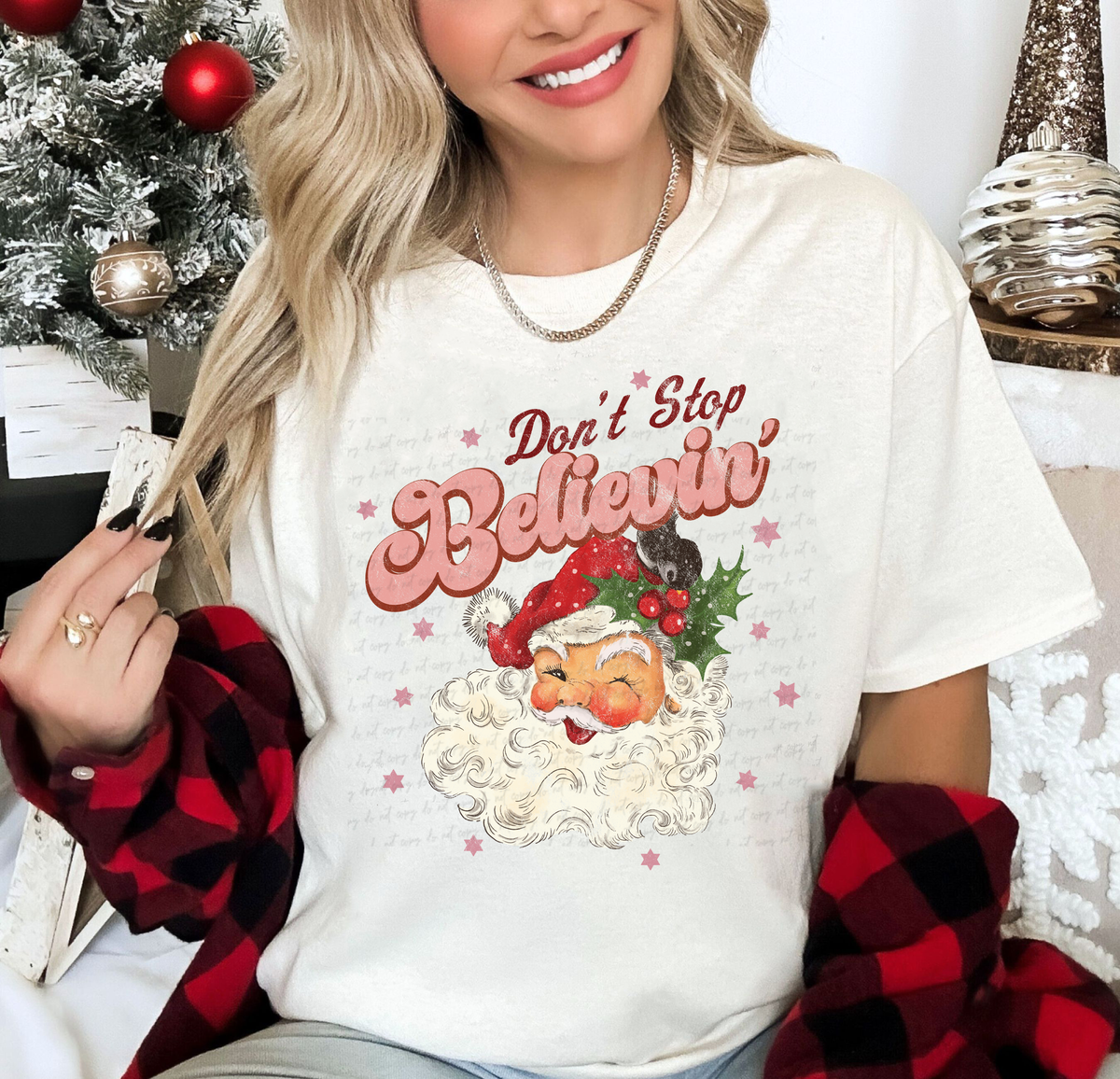 Don't Stop Believin Santa Pink Stars Distressed 115149 DTF Transfer