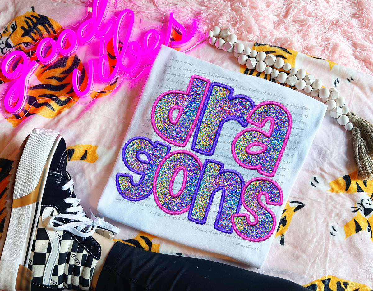 Dragons Faux Embroidery Pink Blue 76049 DTF Transfer