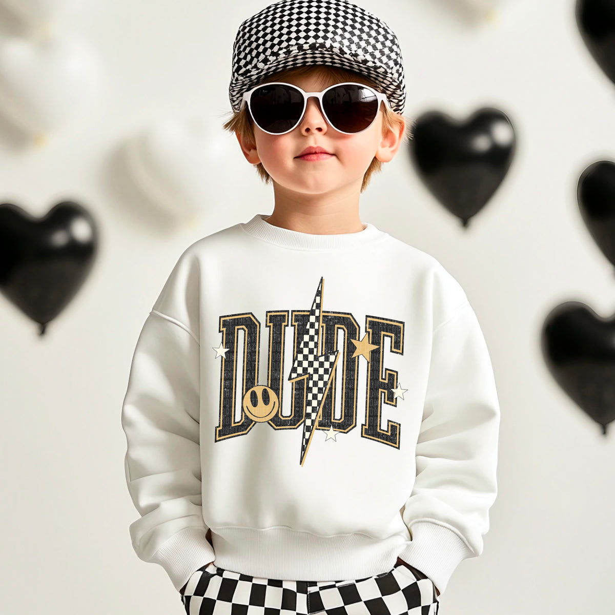 Dude checkered lightning bolt smiley faces DTF transfer