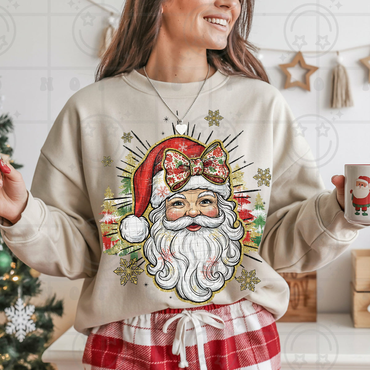 Santa with big bow and snowflakes (HW) DTF Transfer