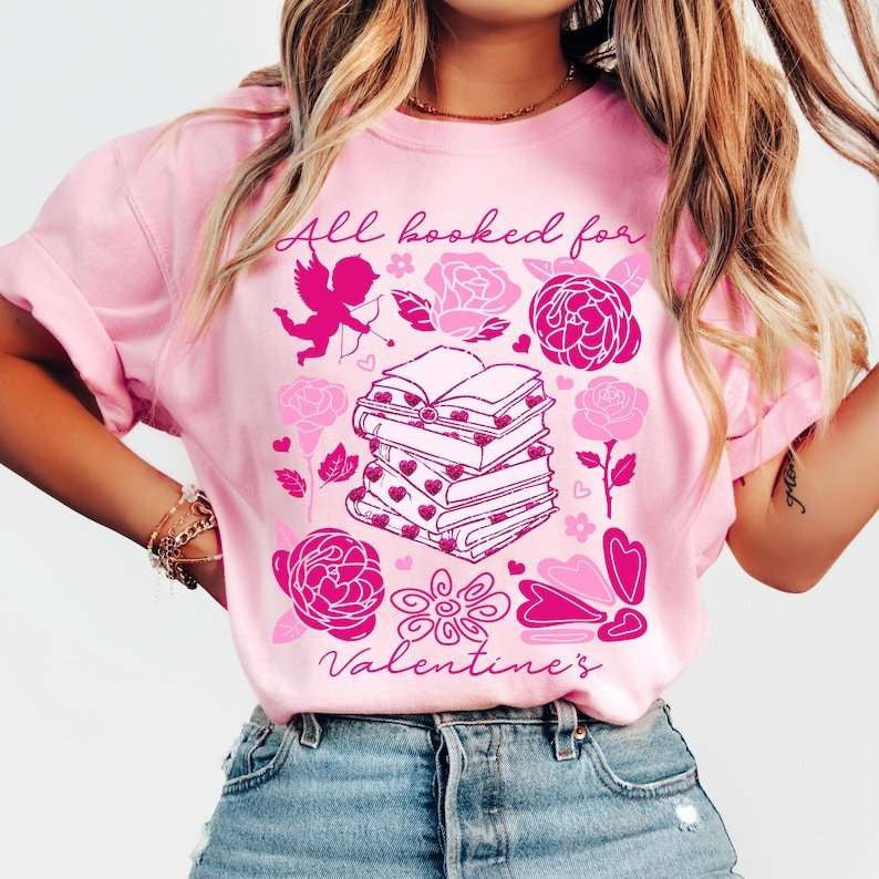 All booked for valentines pink books 77705 DTF transfer