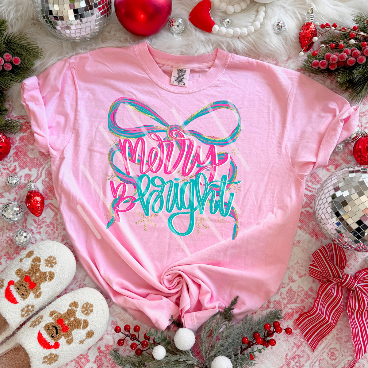 Merry and Bright teal and pink bow 113629 DTF Transfer