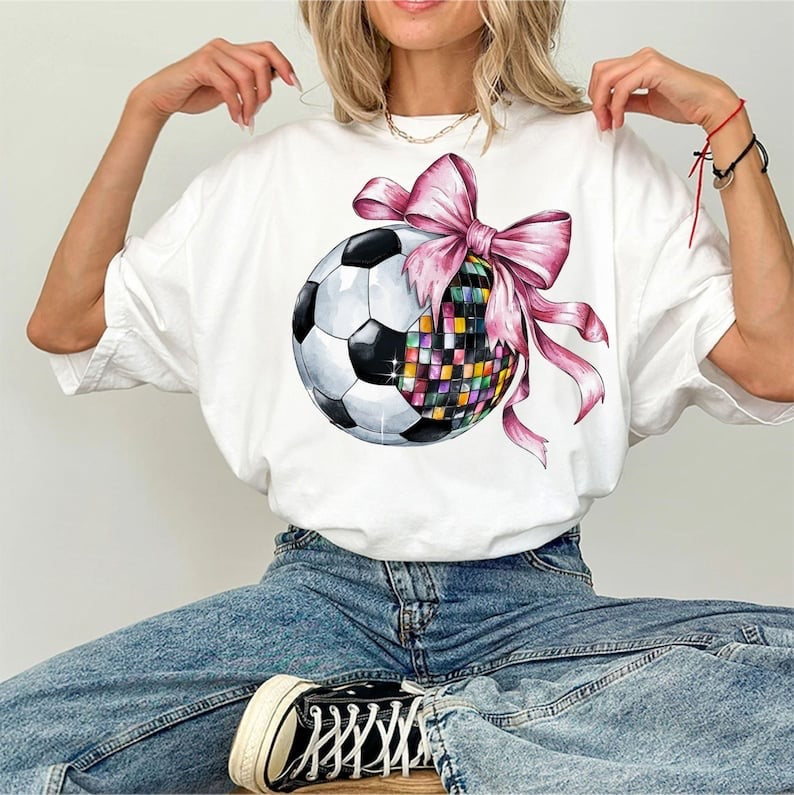 Sequin soccer ball pink bow 55301 DTF transfer