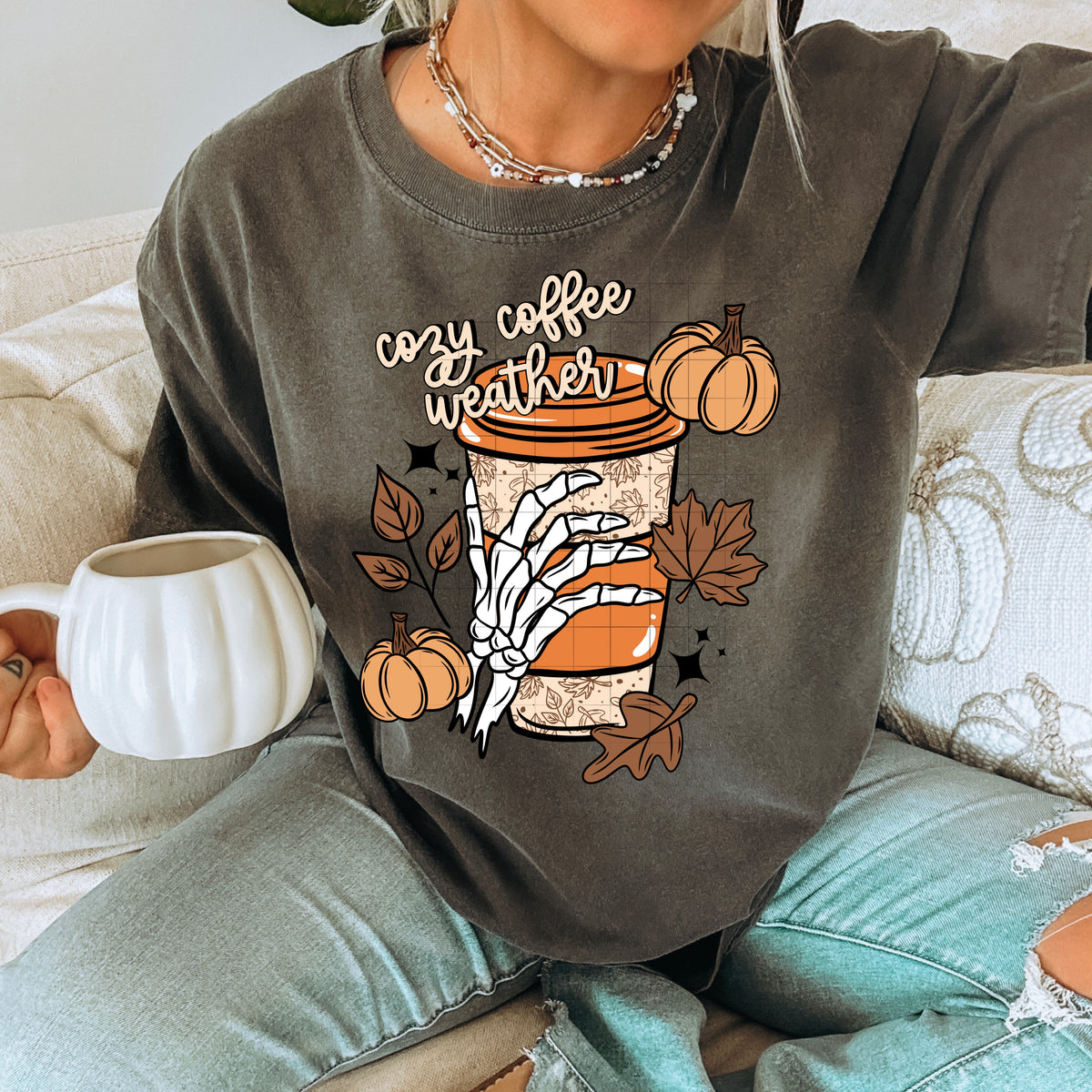 Cozy coffee weather skeleton hand coffee fall CSC DTF transfer