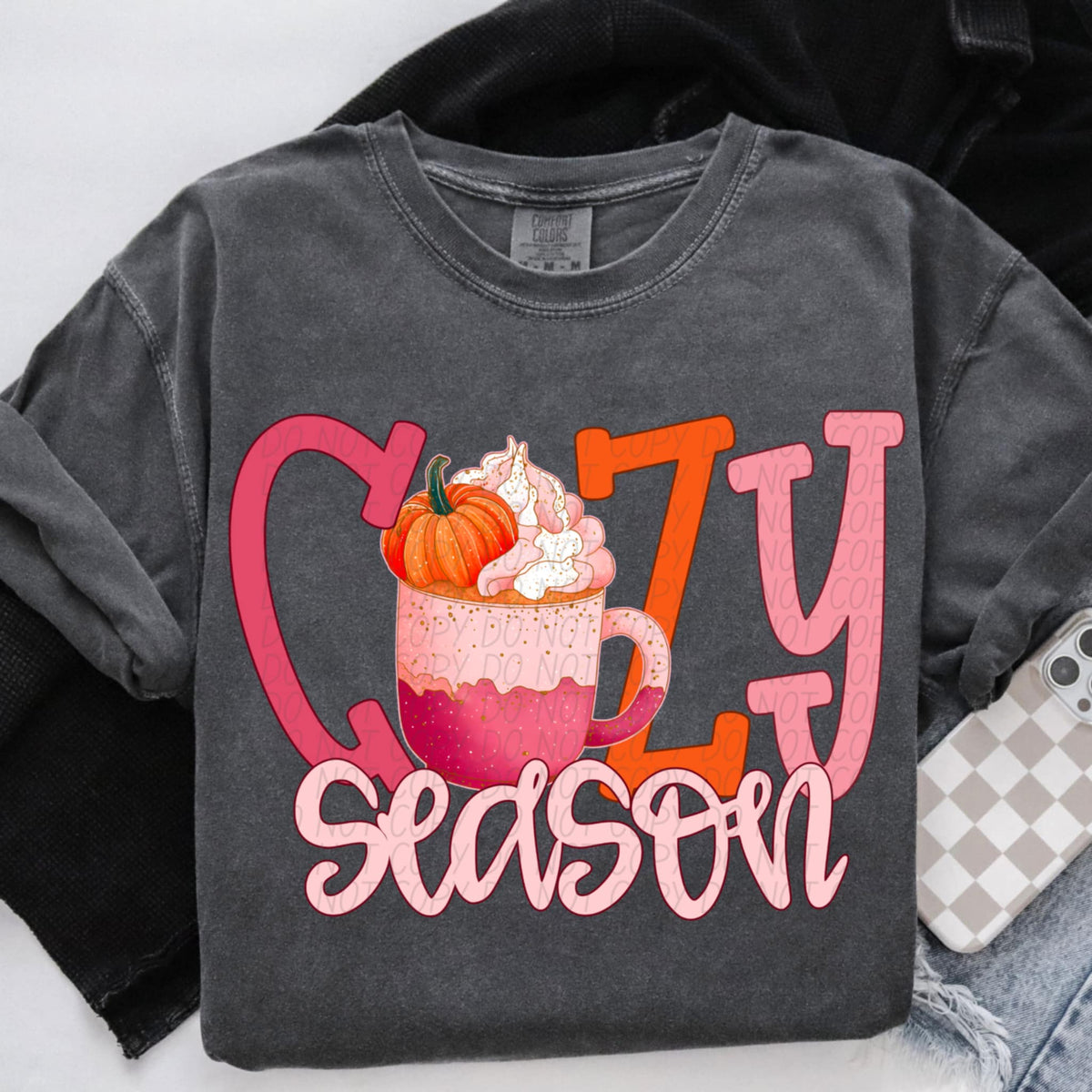Cozy season doodle font with mug (City) DTF transfer