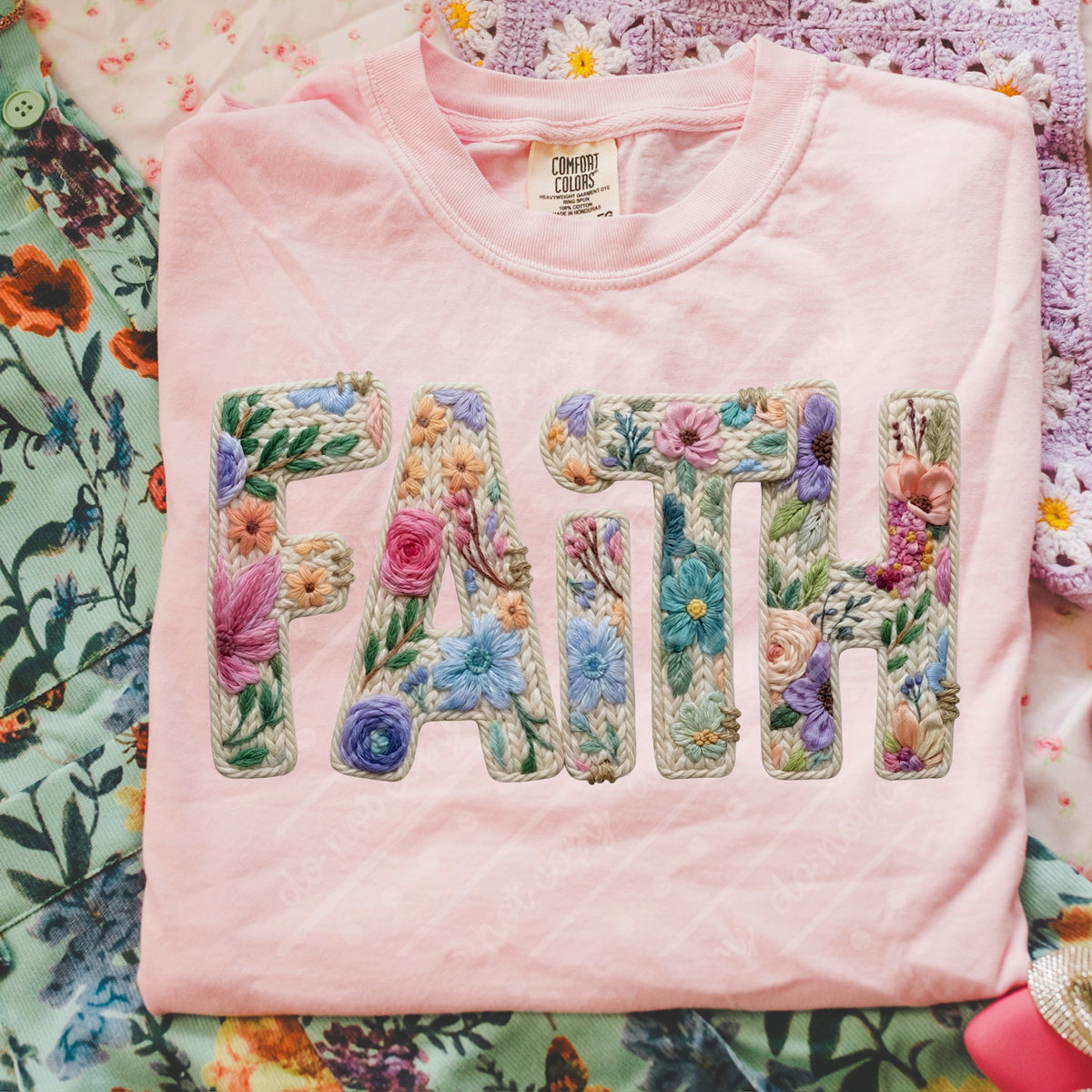 Faith faux embroidery floral DTF Transfer