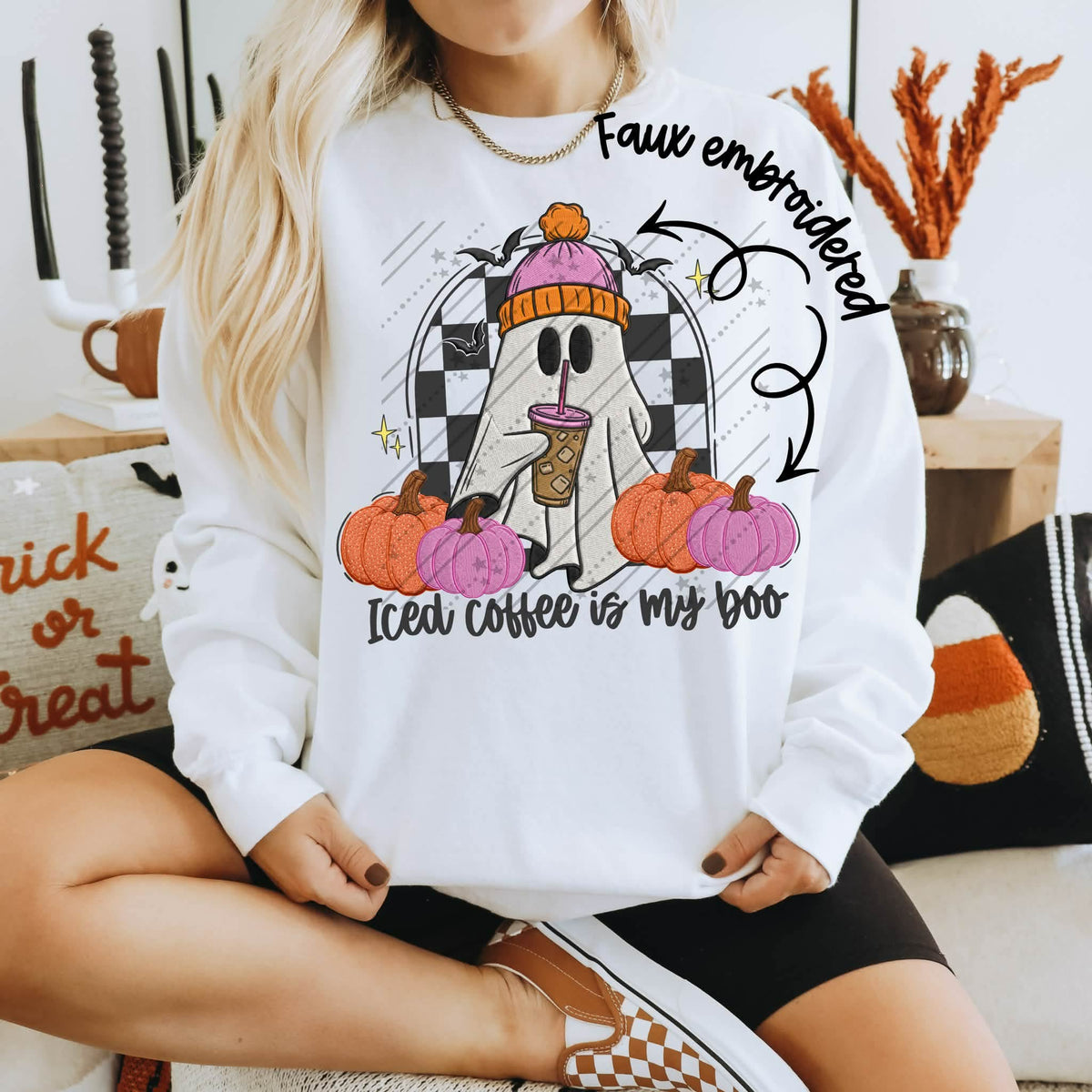 Iced coffee is my boo pink orange pumpkins ghost checkered background (Carter) Sunday Special DTF transfer