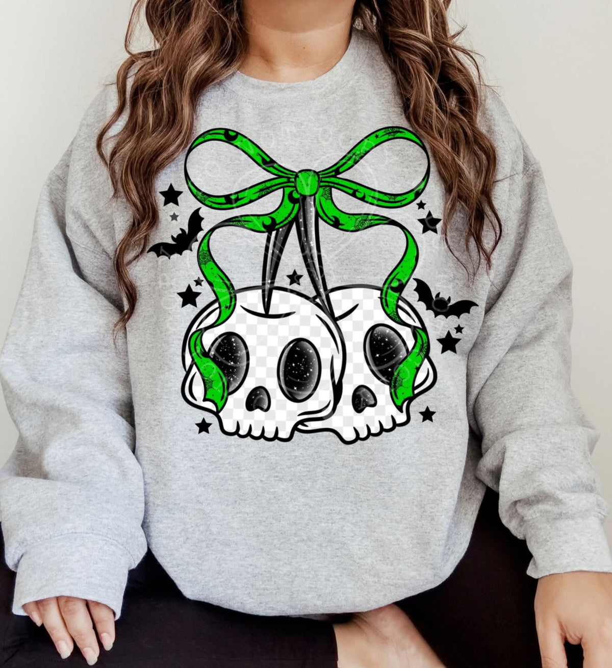 Skull Cherries GREEN bow (lyttle) DTF transfer