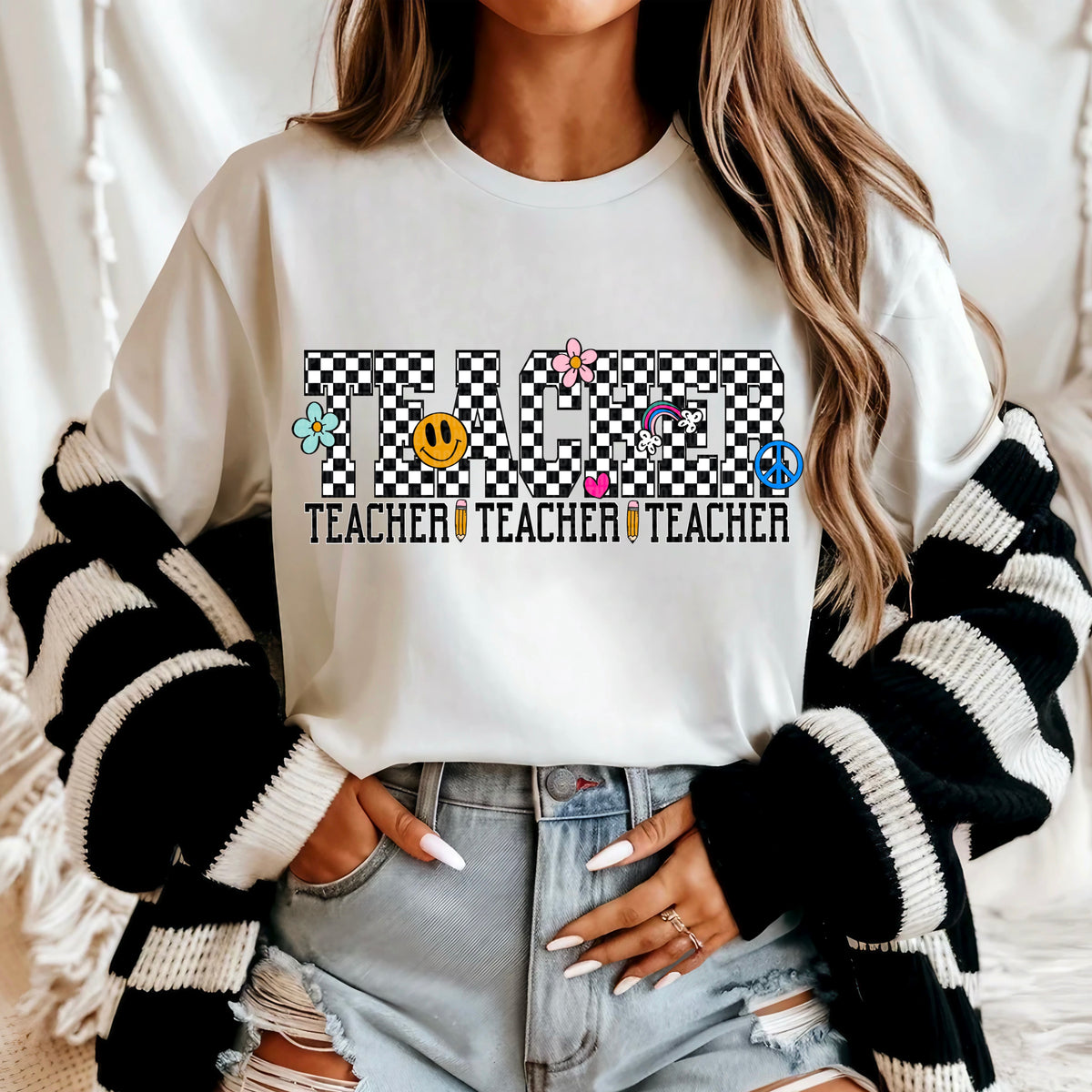 Teacher checkered with doodles 95628 DTF transfer