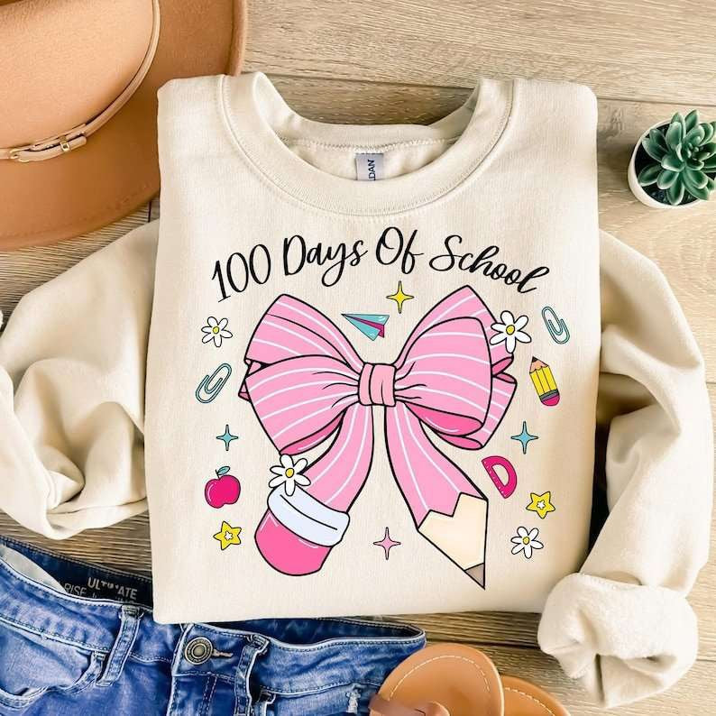 100 days of school pink bow 77627 DTF transfer