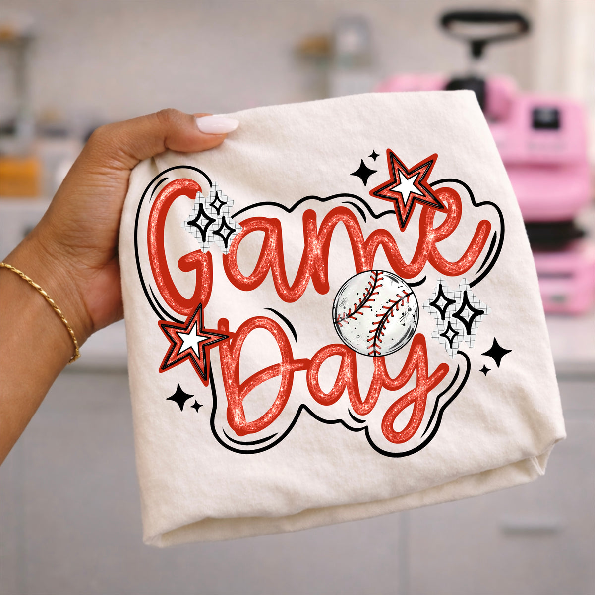 Game day cursive with baseball (CSC) DTF transfer
