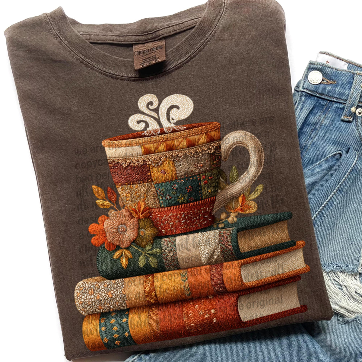 Faux Fabric Coffee and Books (TTD) DTF transfer