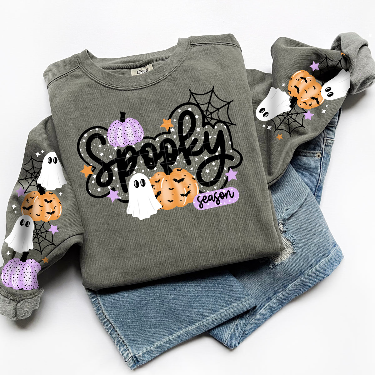 Spooky Season ghost, purple and orange pumpkins (front only) CSC DTF transfer