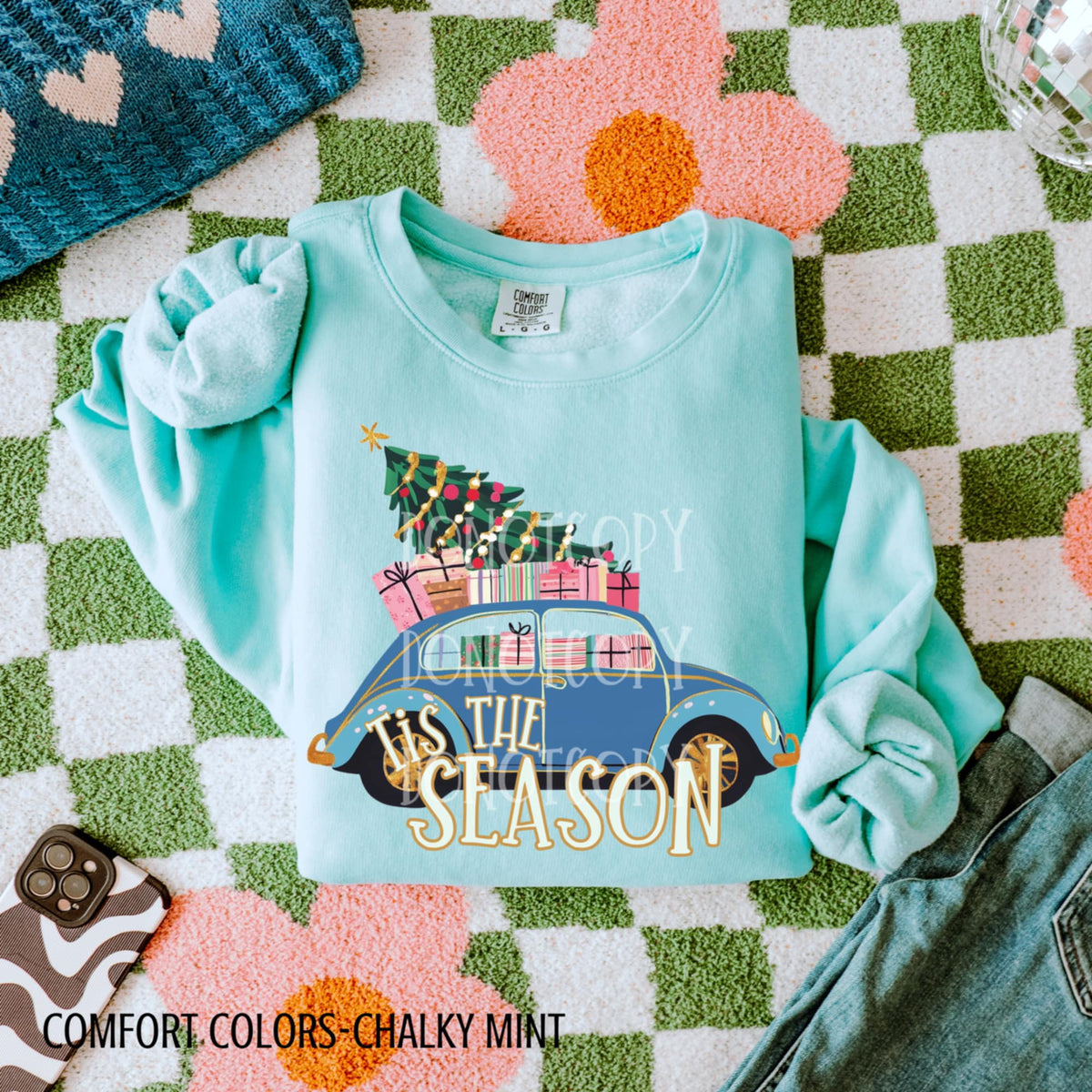 Tis The Season Blue Car & Tree CSG DTF transfer