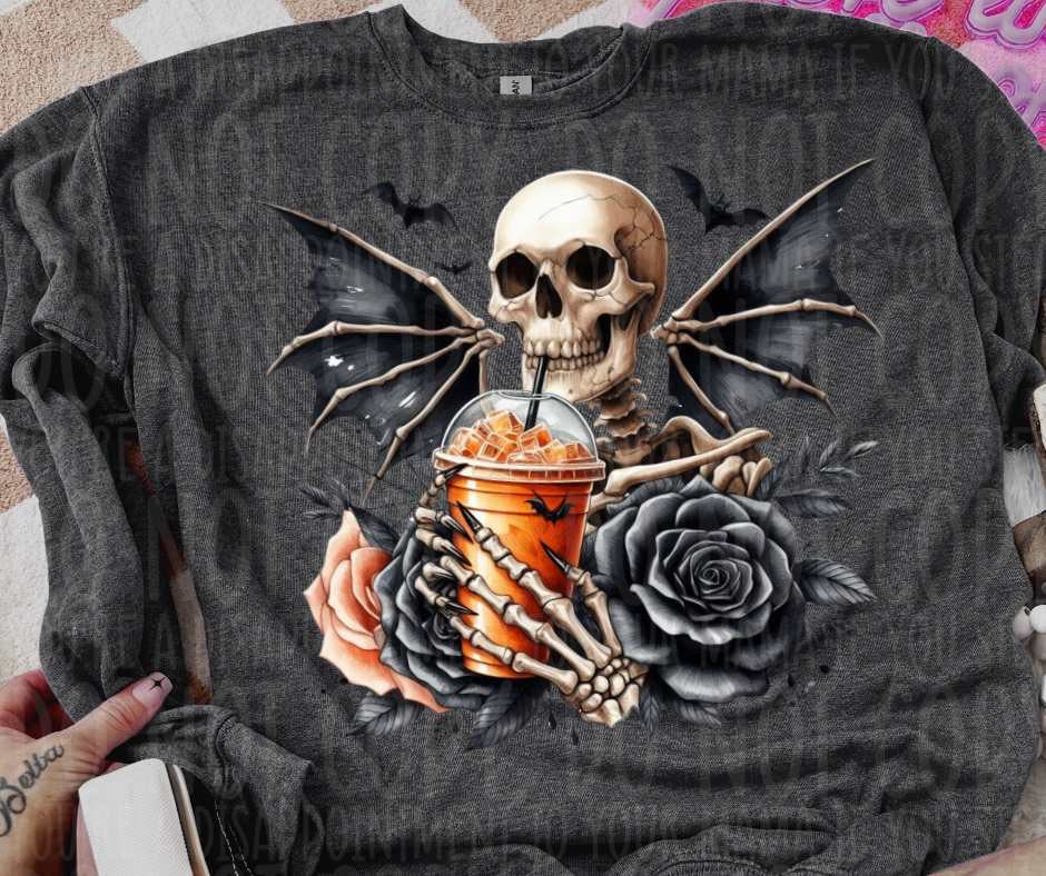 Skellie with bat wing and coffee (vintage) 53756 DTF transfer
