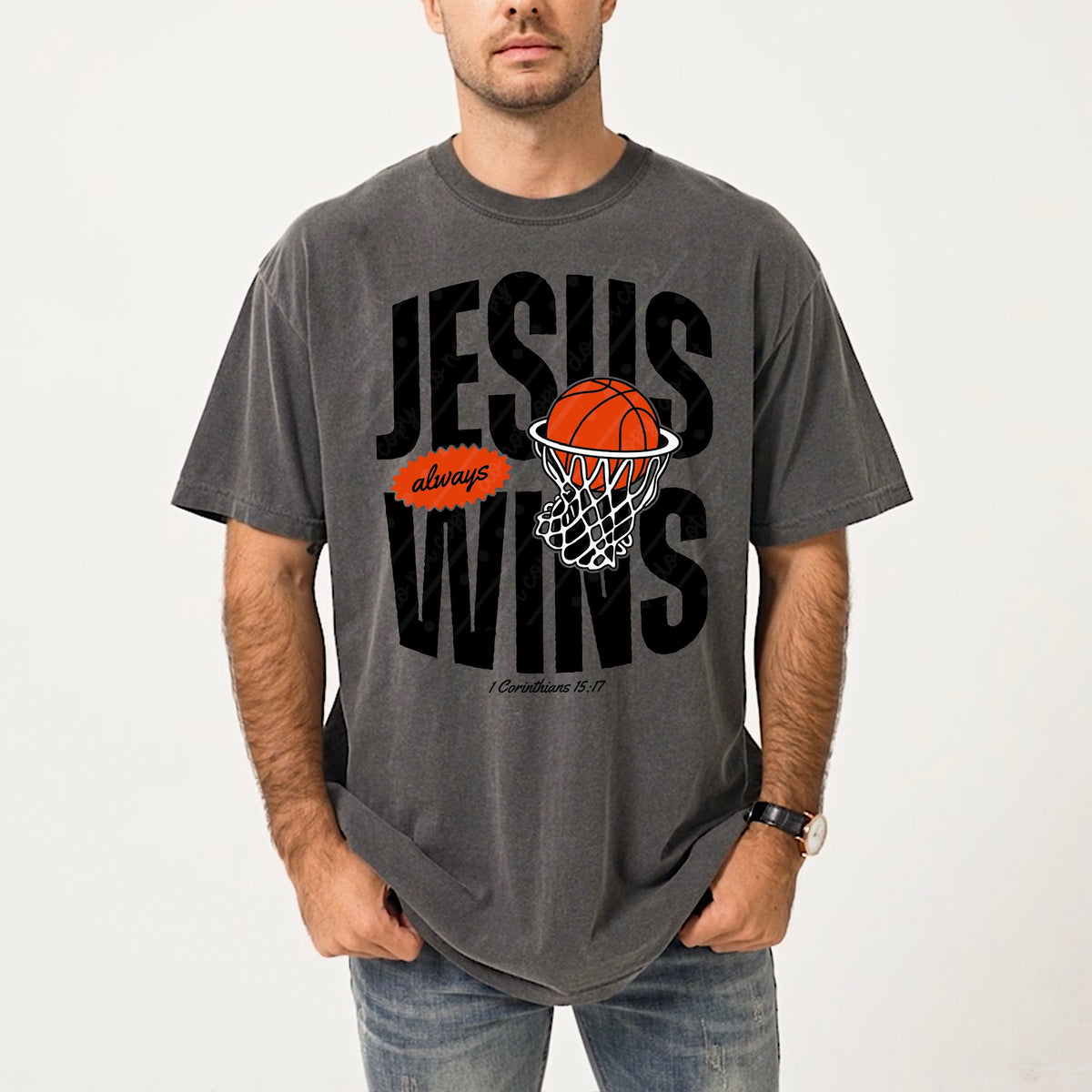 Jesus wins basketball net (black) DTF Transfer