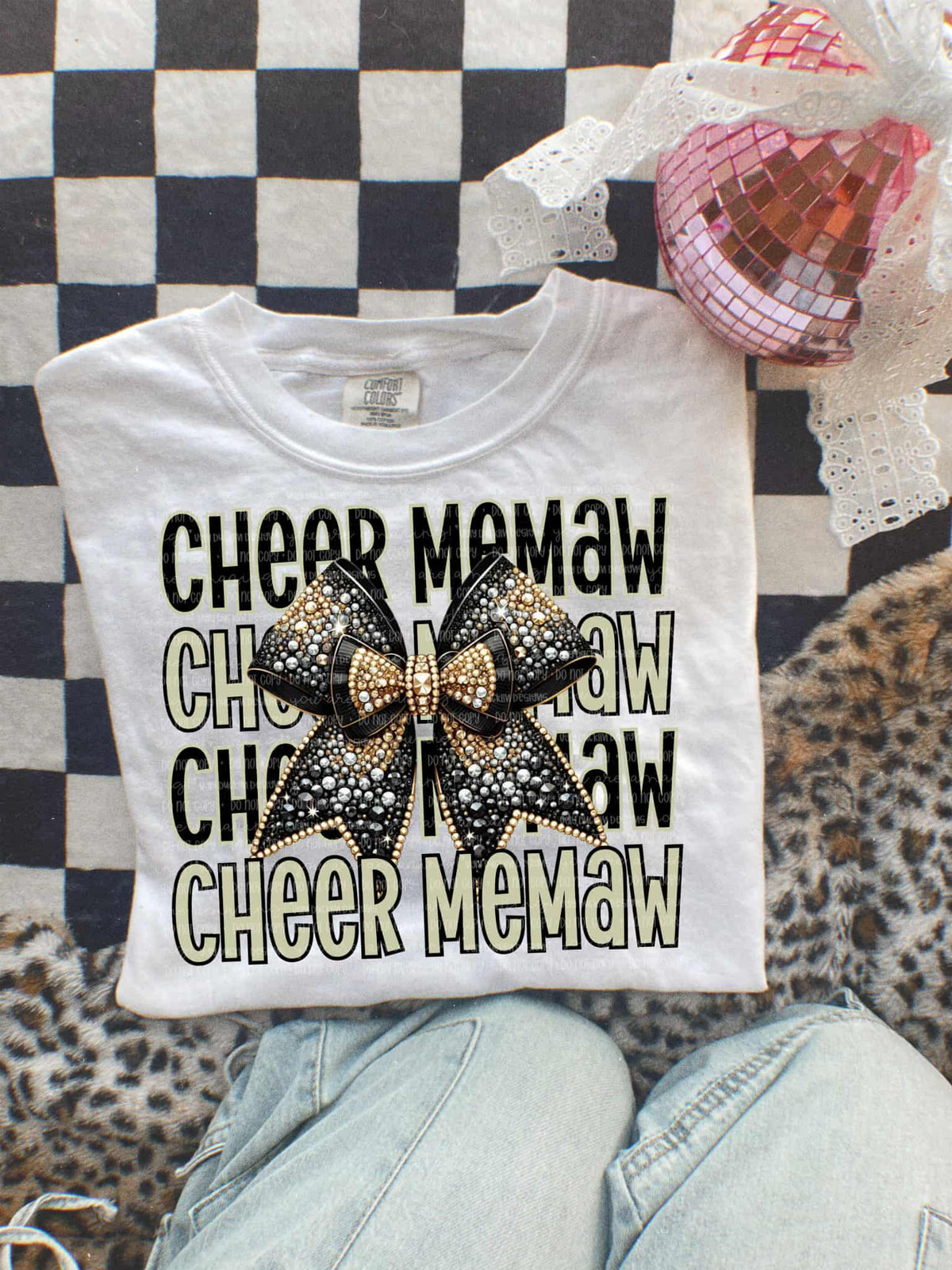 Cheer Mewmaw Bow (gold and black) DTF transfer