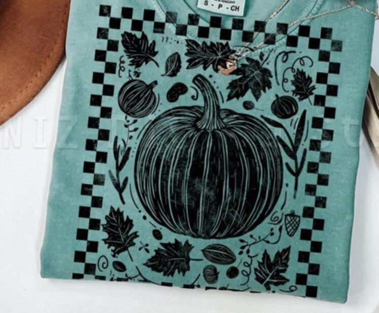 Pumpkin with leaves and checker frame DTF transfer