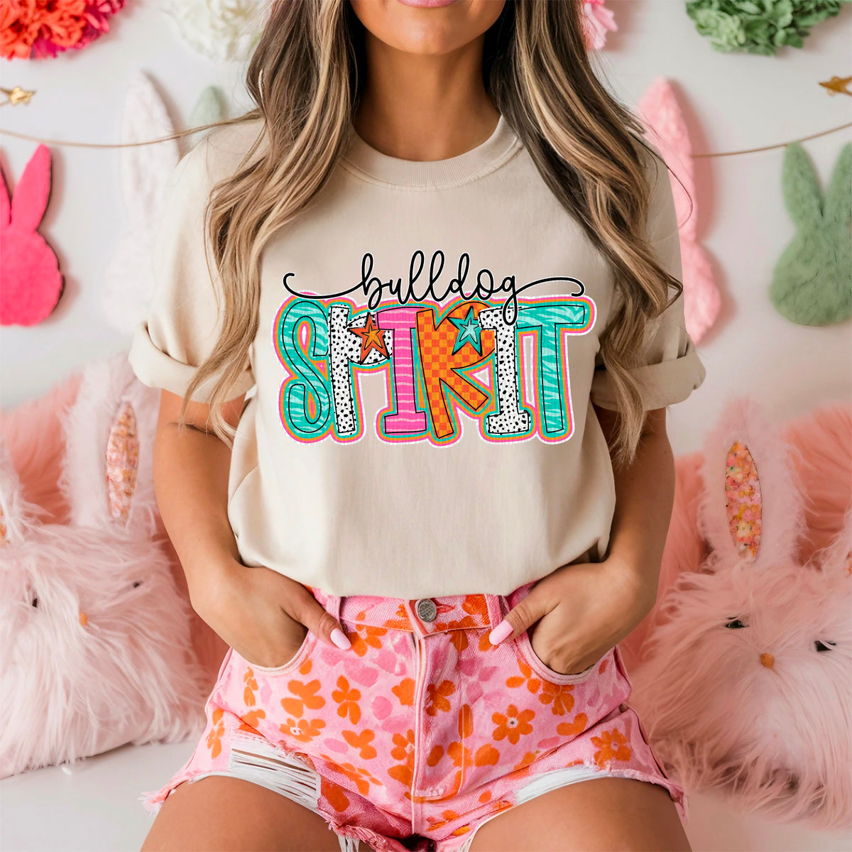 Bulldog spirit colorful doodle stars 90287 DTF transfer