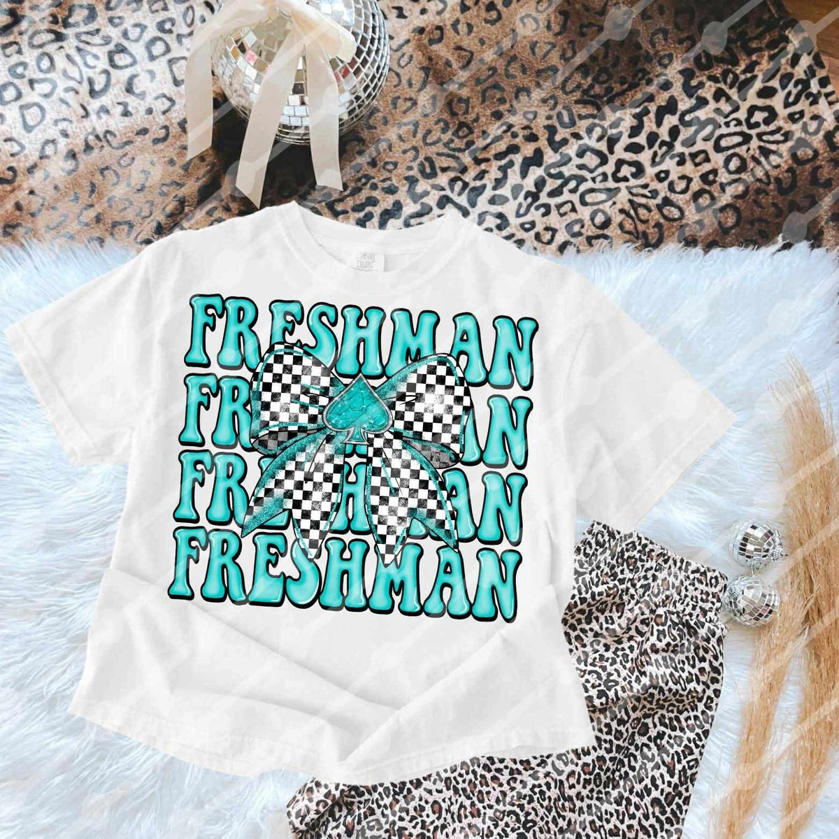 Freshman stacked checkered bow blue (JBD) DTF transfer