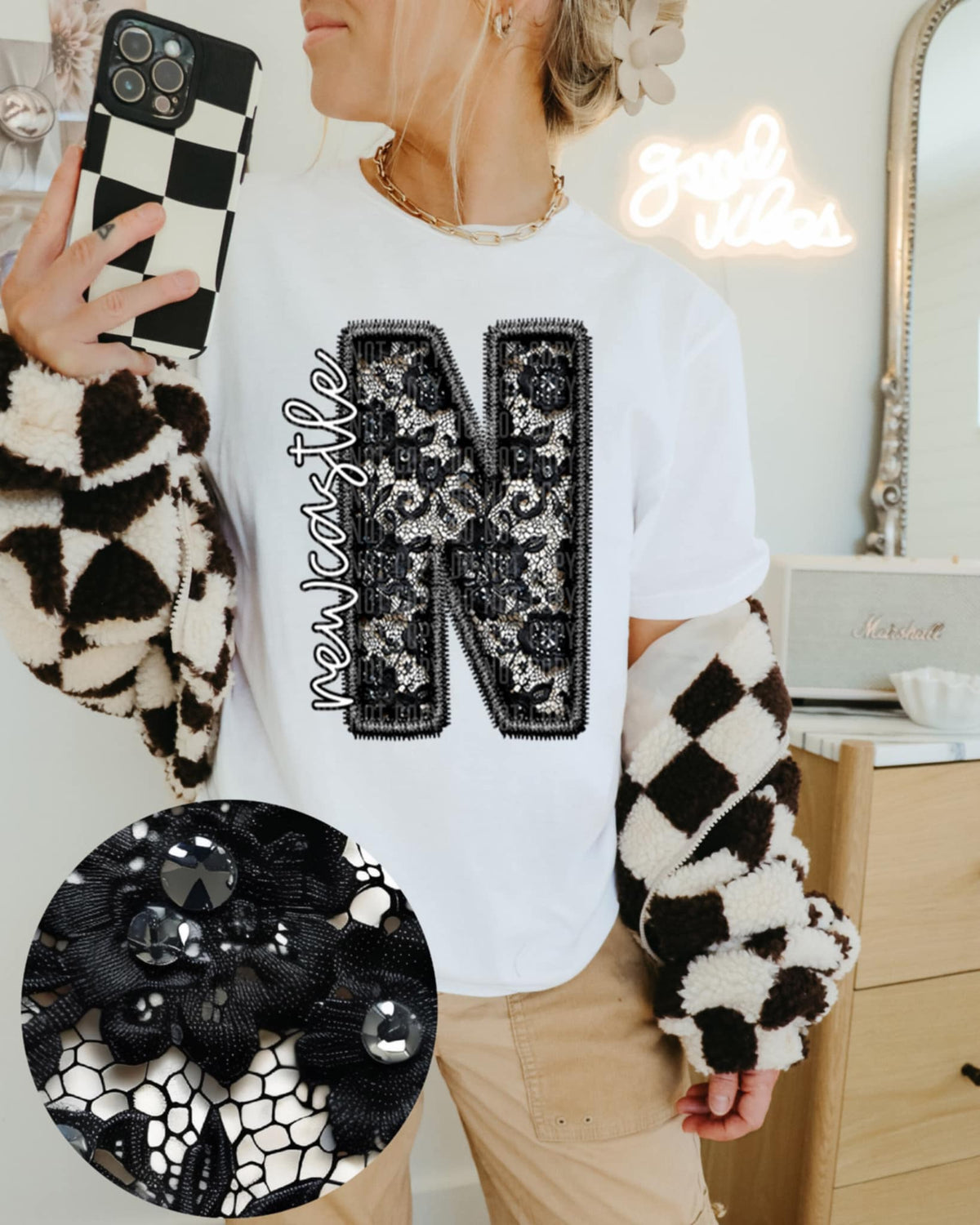 N Newcastle lace letter (Caplinger) 90105 DTF transfer