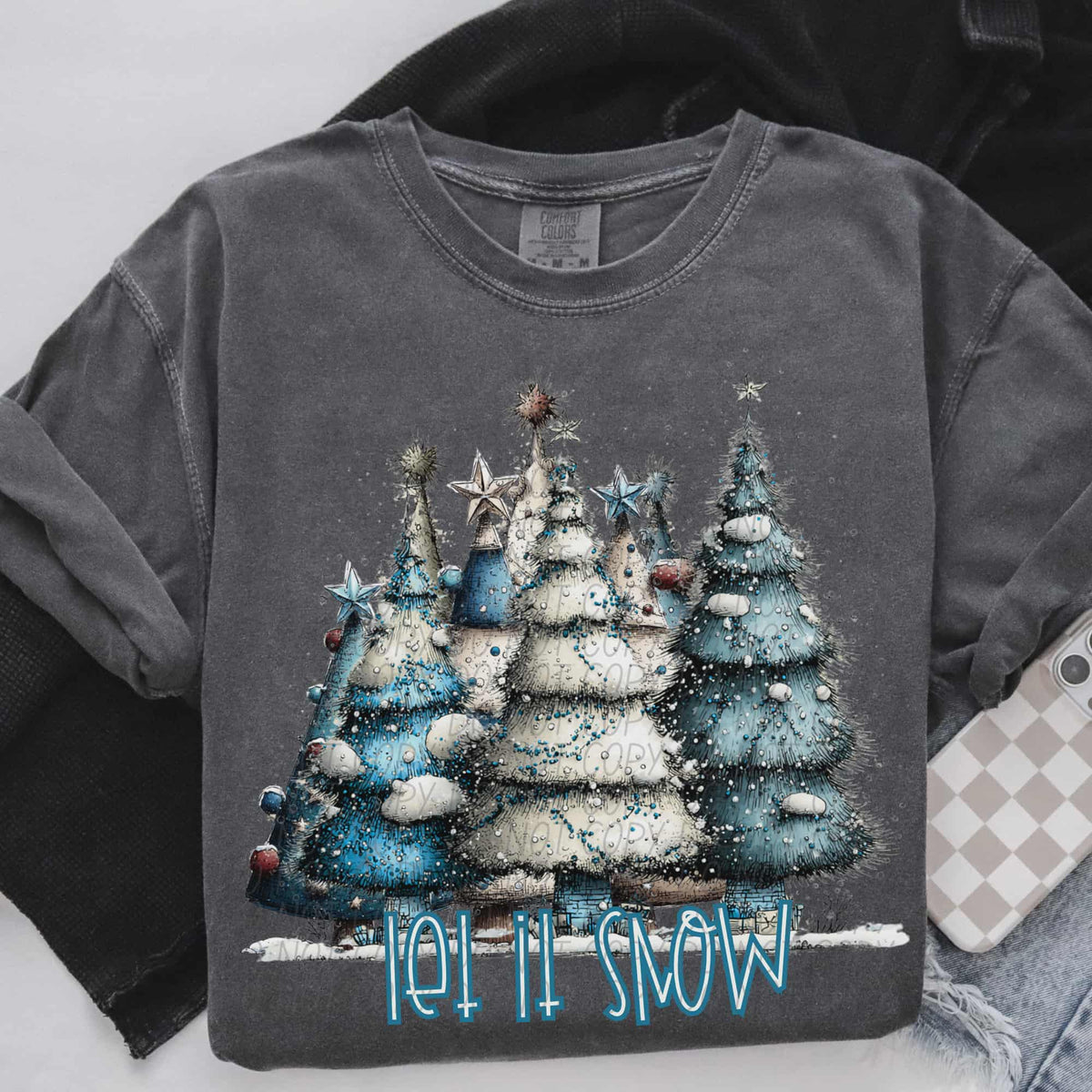 Let it snow trees (doodle font) (city) DTF transfer