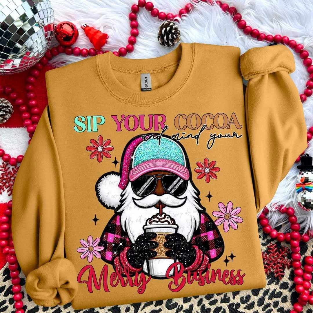 Sip your hot cocoa and mind your merry business dark Santa (VIRGO) 65803 DTF transfer