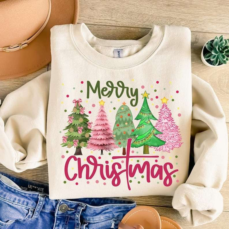 Merry Christmas pink and green 5 trees 62248 DTF transfer