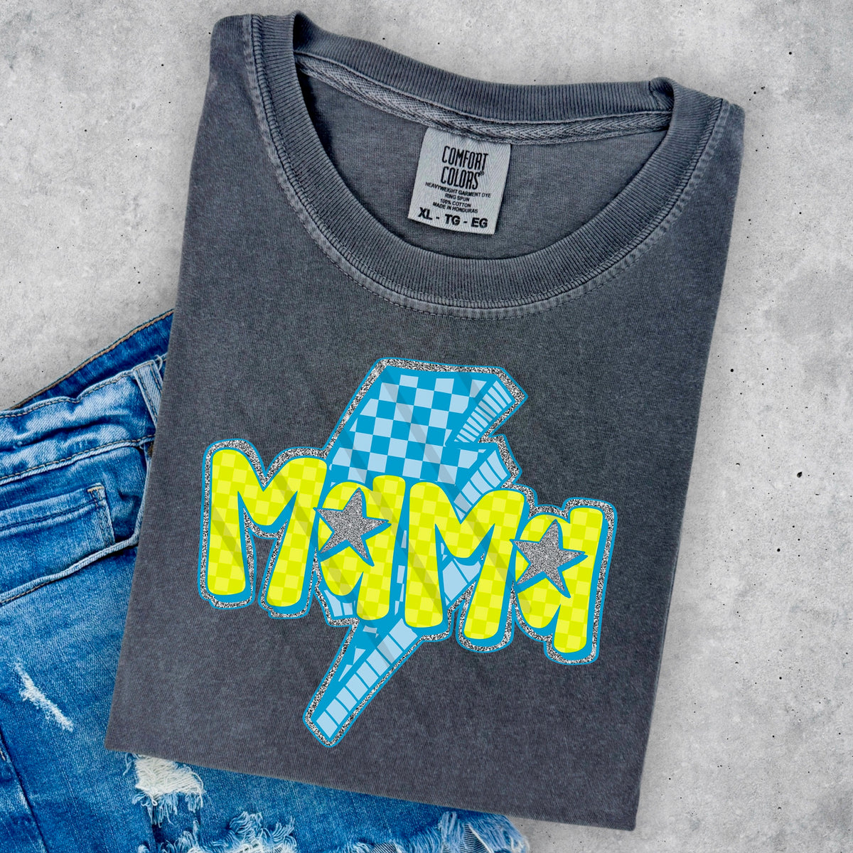 Mama Green and blue checker bolt scarlow 110348 DTF transfer