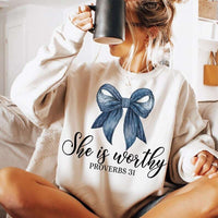 She is worthy blue bow black font 73850 DTF transfer