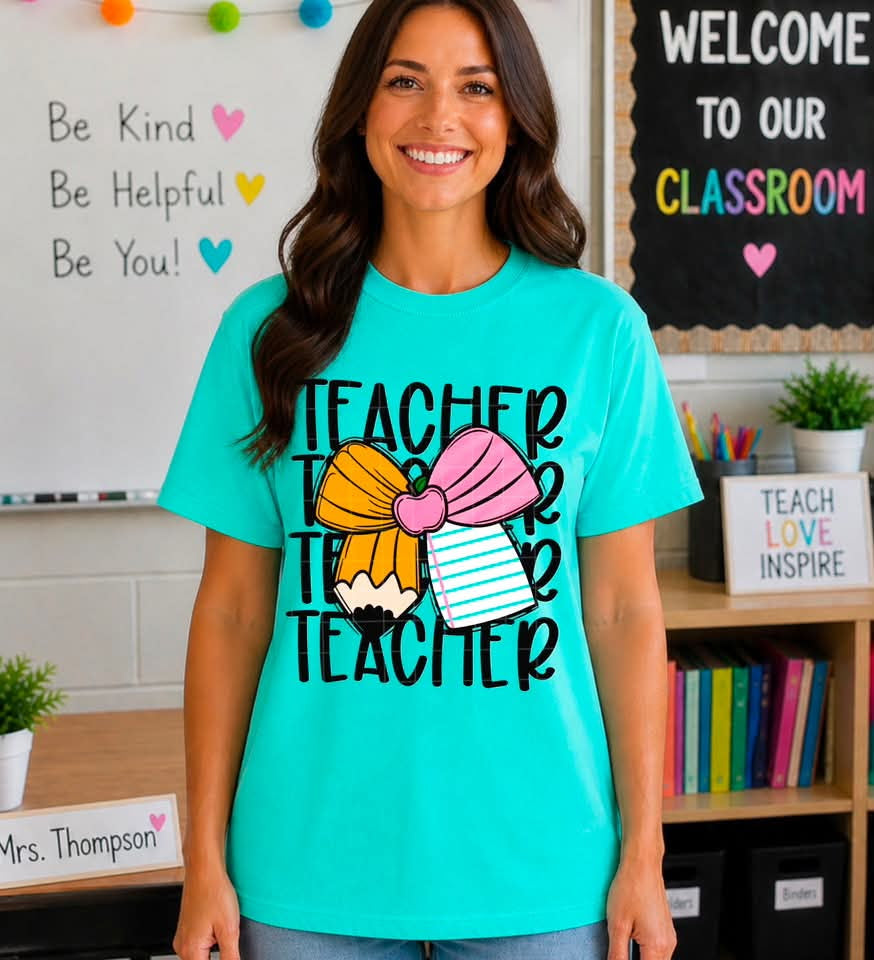 Teacher stacked with bow Sunday Special DTF transfer