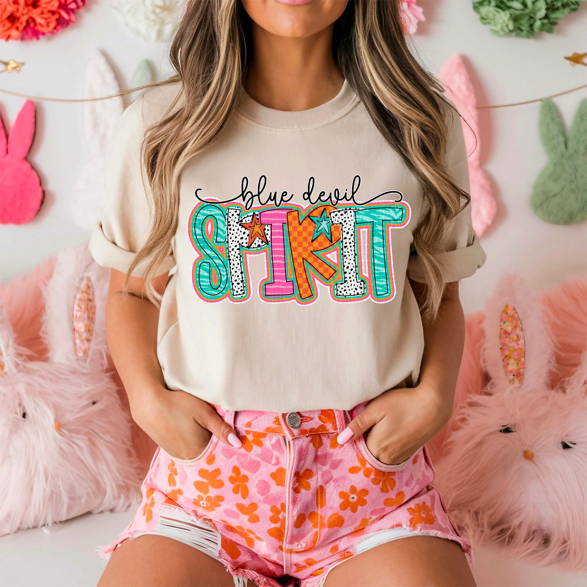 Blue Devil spirit colorful doodle stars 90290 DTF transfer