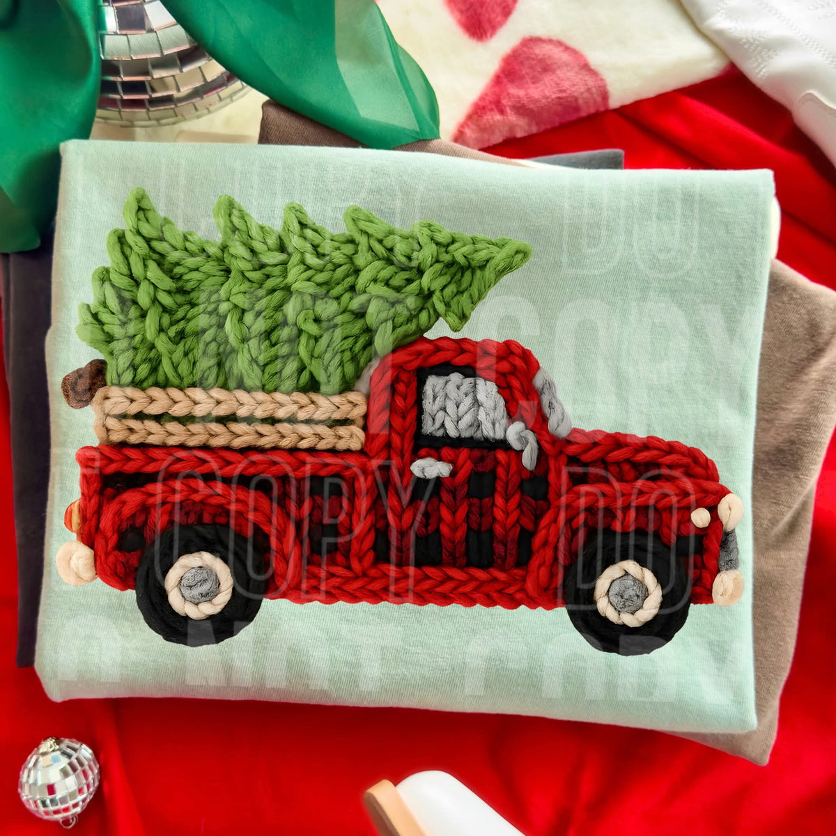 Faux Yarn red plaid truck and tree (SBB) DTF transfer