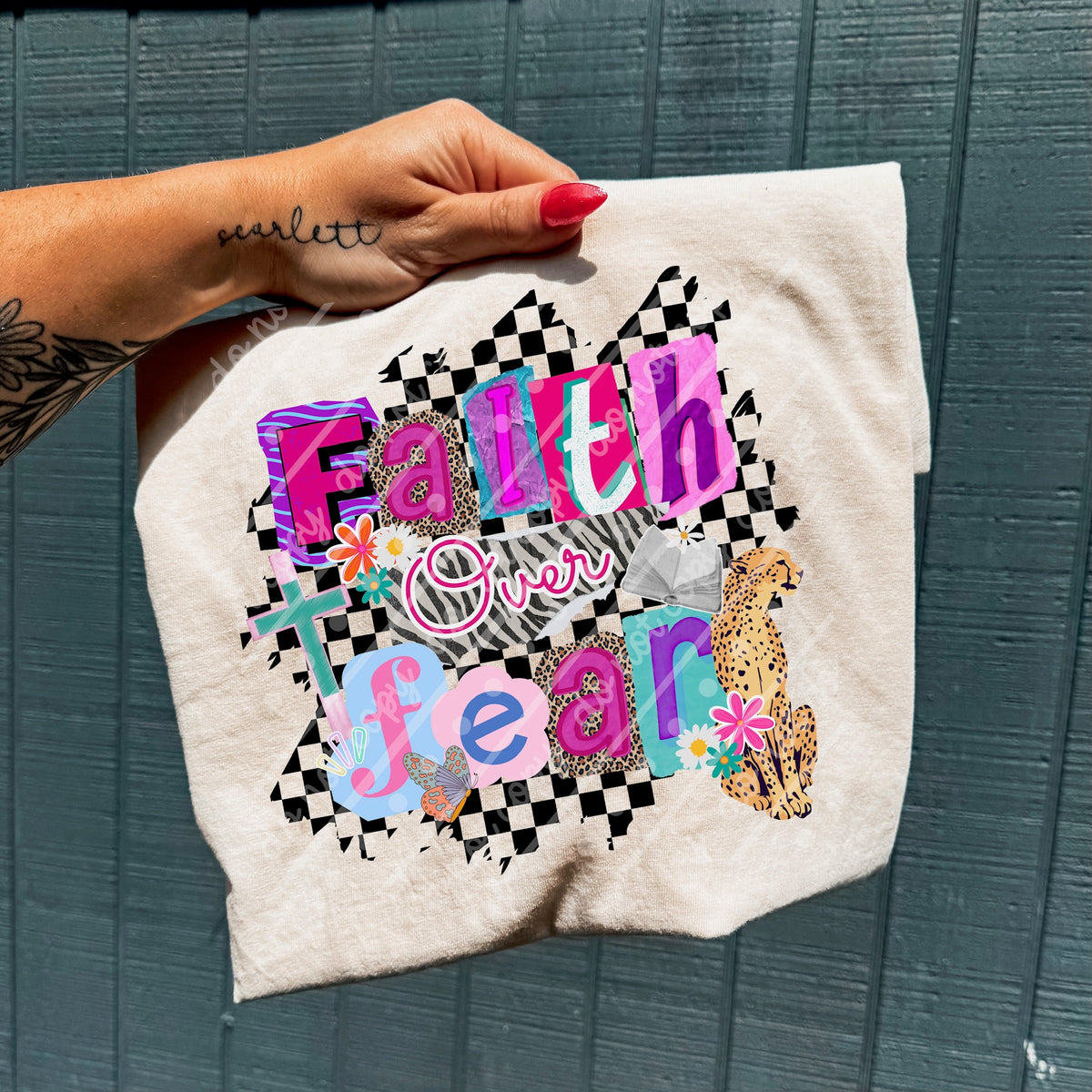 Faith over fear checker back magazine collage font (MZ) DTF transfer