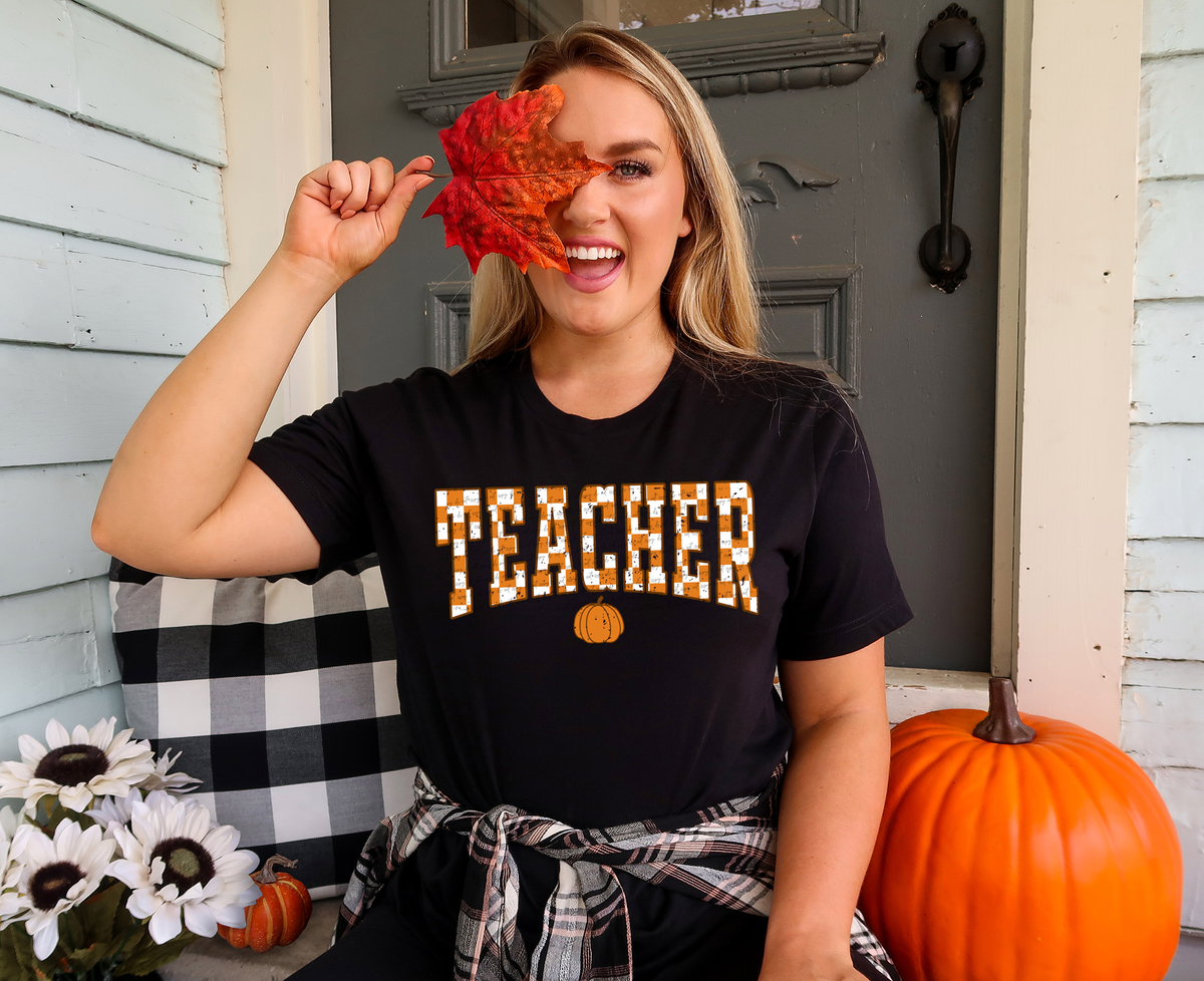 Teacher checkered print pumpkin 49819 DTF transfer
