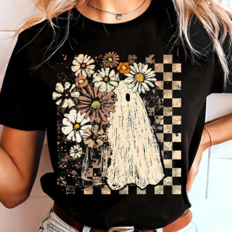 Floral Ghost with checker  DTF transfer