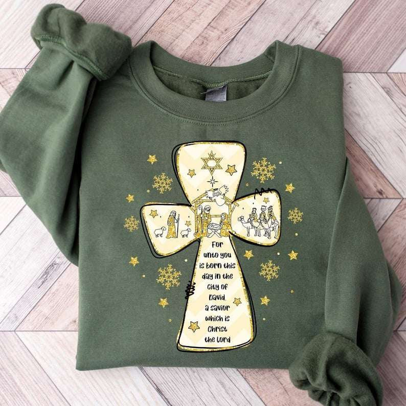 For unto you is born cross 67898 DTF transfer