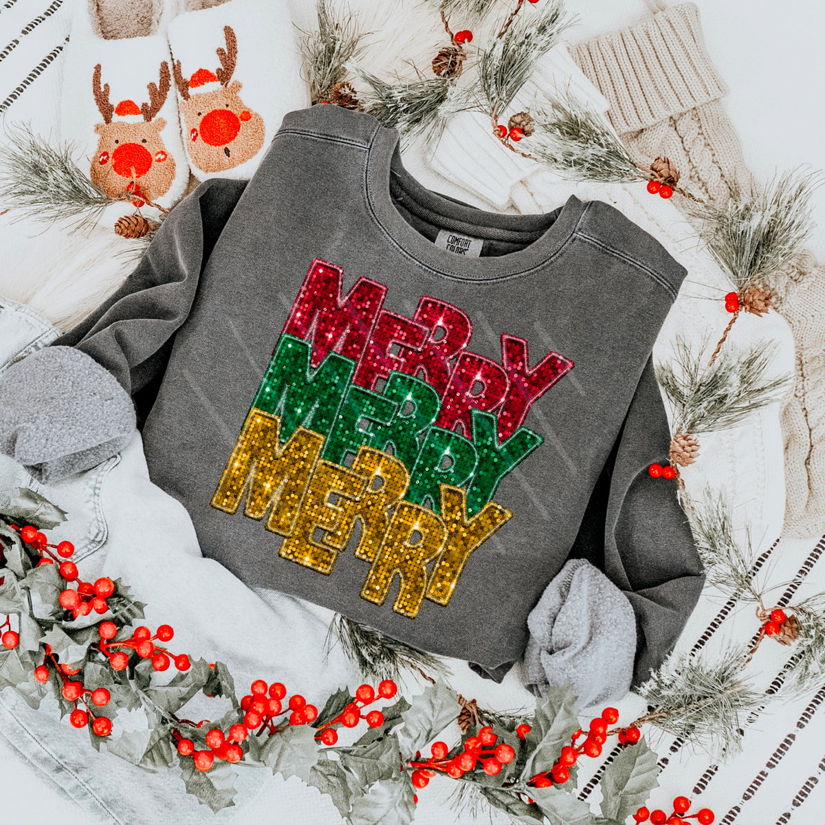 Merry Stacked Faux Sequins RED YELLOW GREEN DTF transfer
