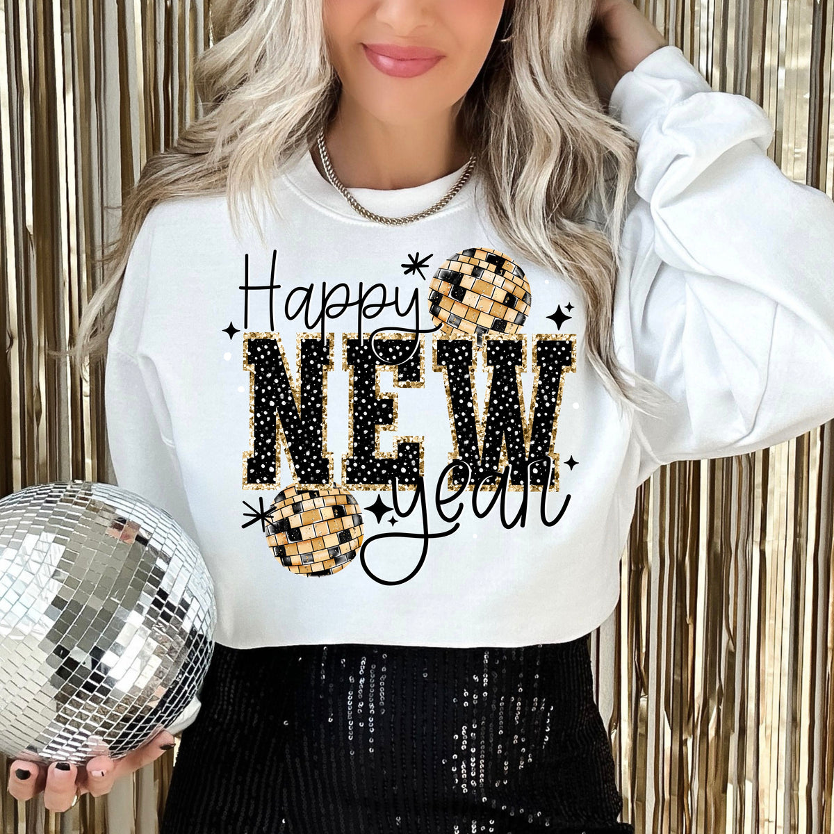 Happy New Year disco balls black (csc) DTF transfer
