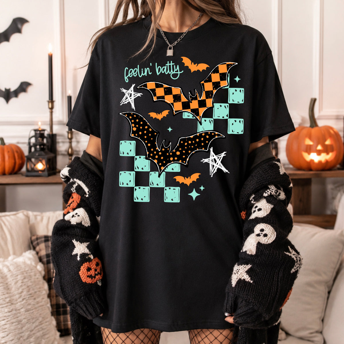 Feelin batty teal and orange (front only) (CSC) DTF Transfer