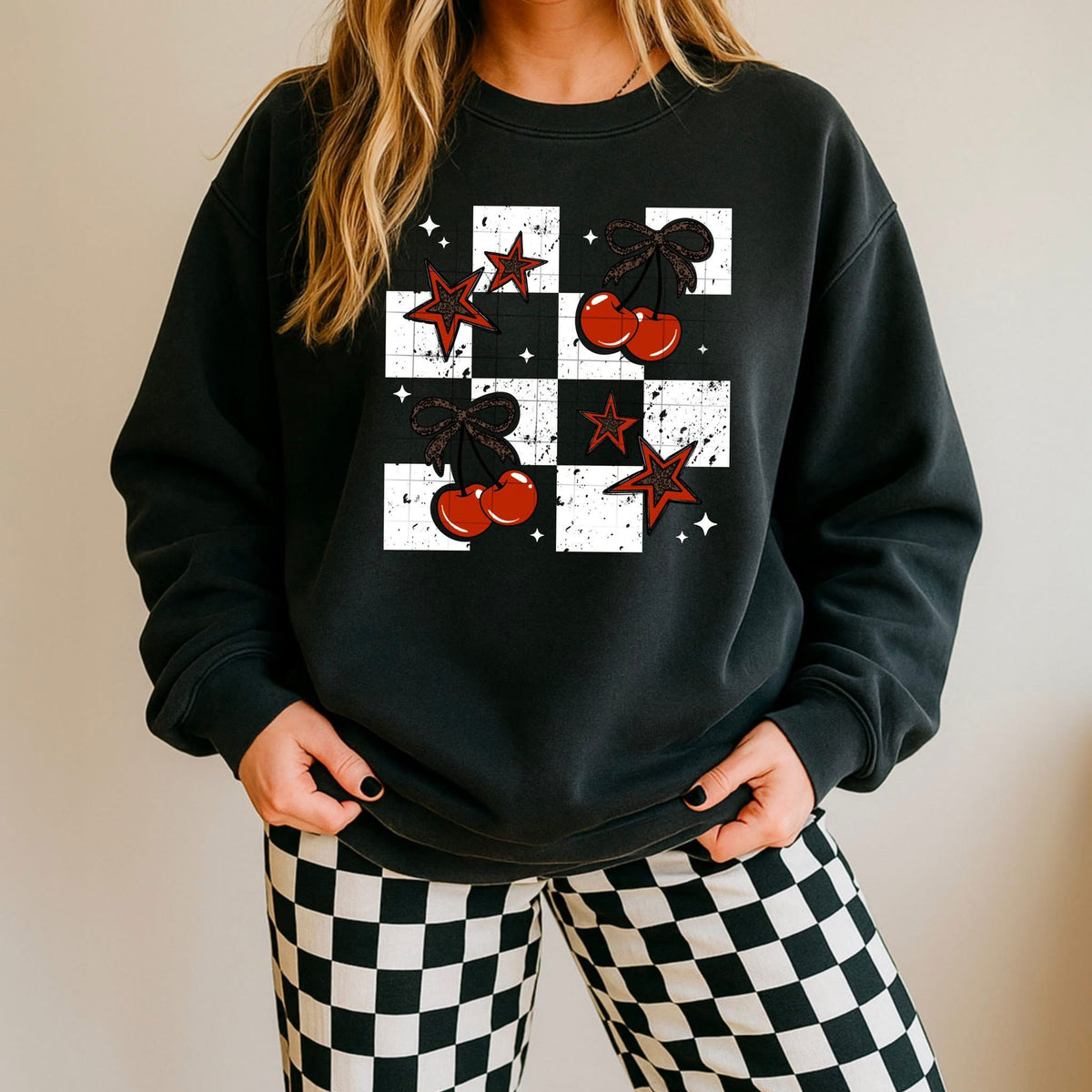 Checker and Leopard Cherries white CSC DTF transfer