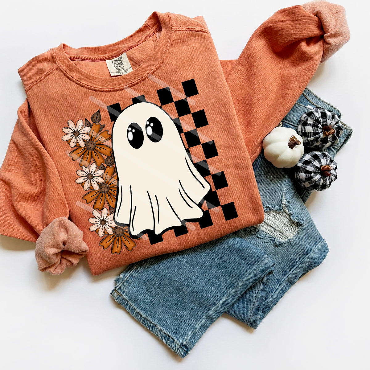 Ghost with Florals and Checker 114036 DTF Transfer