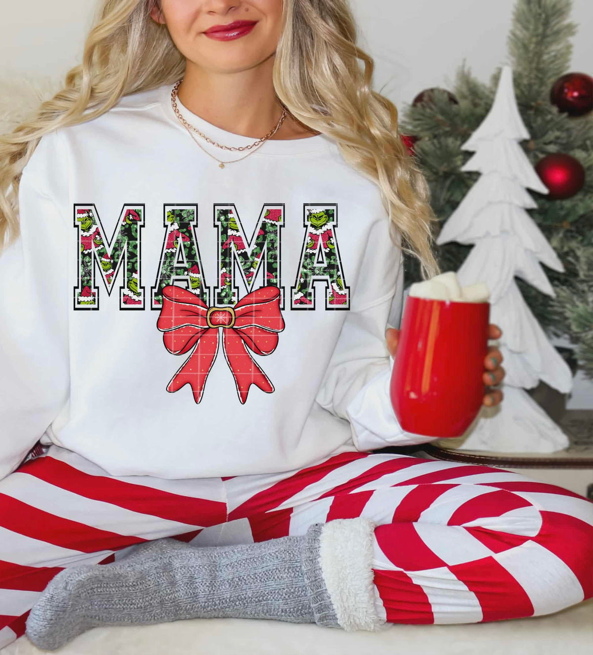 Mama green guy letters BLACK OUTLINE red bow (linda) DTF transfer