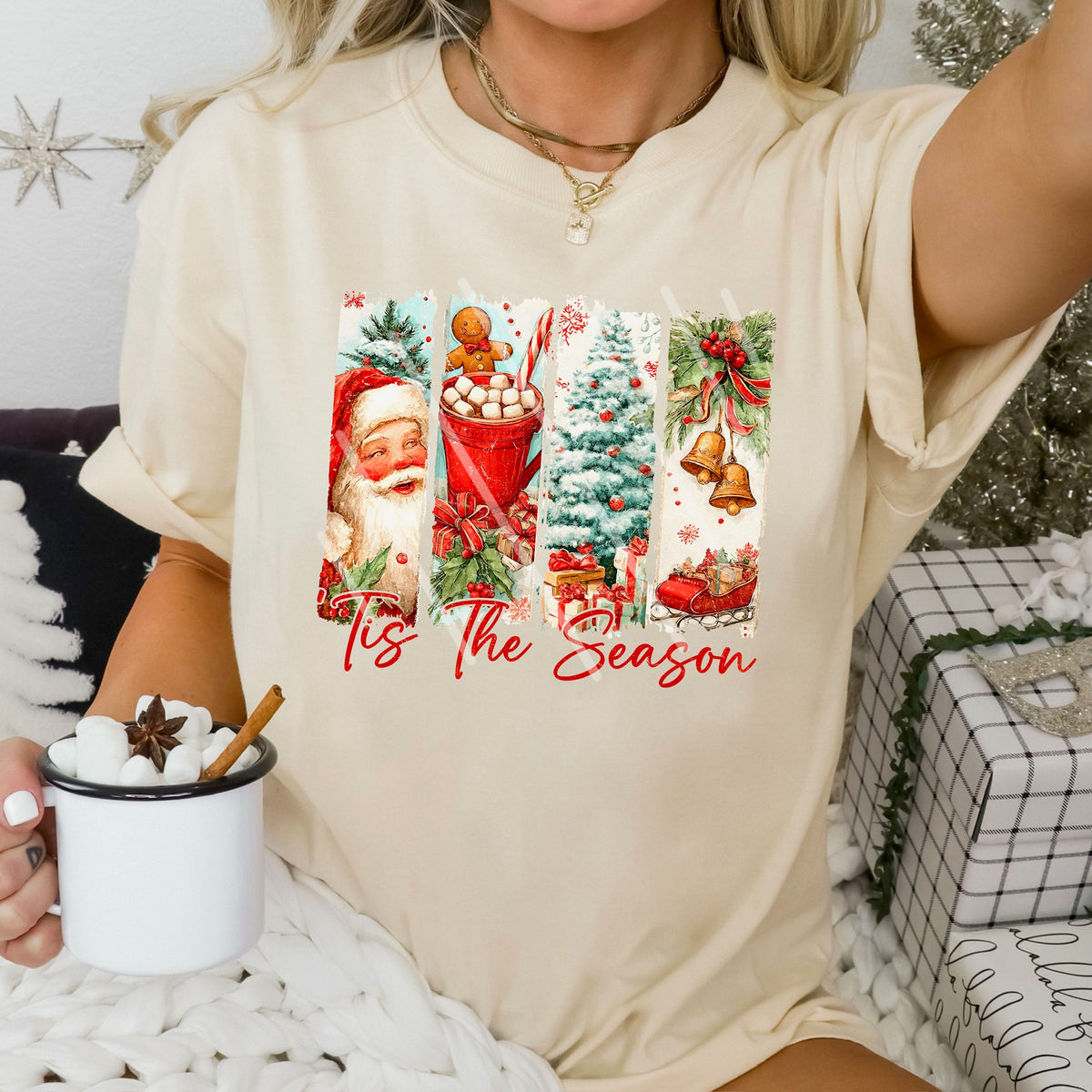 Tis the season Christmas brushstrokes with Santa tree and bells 113670 DTF Transfer