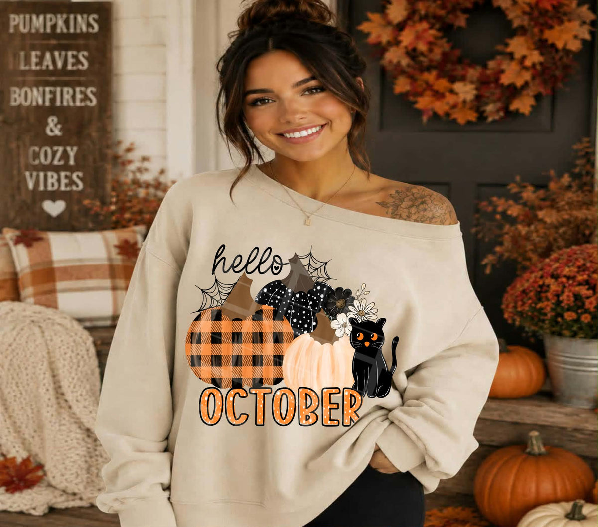Hello pumpkin black cat trio pumpkins (Linda) DTF transfer