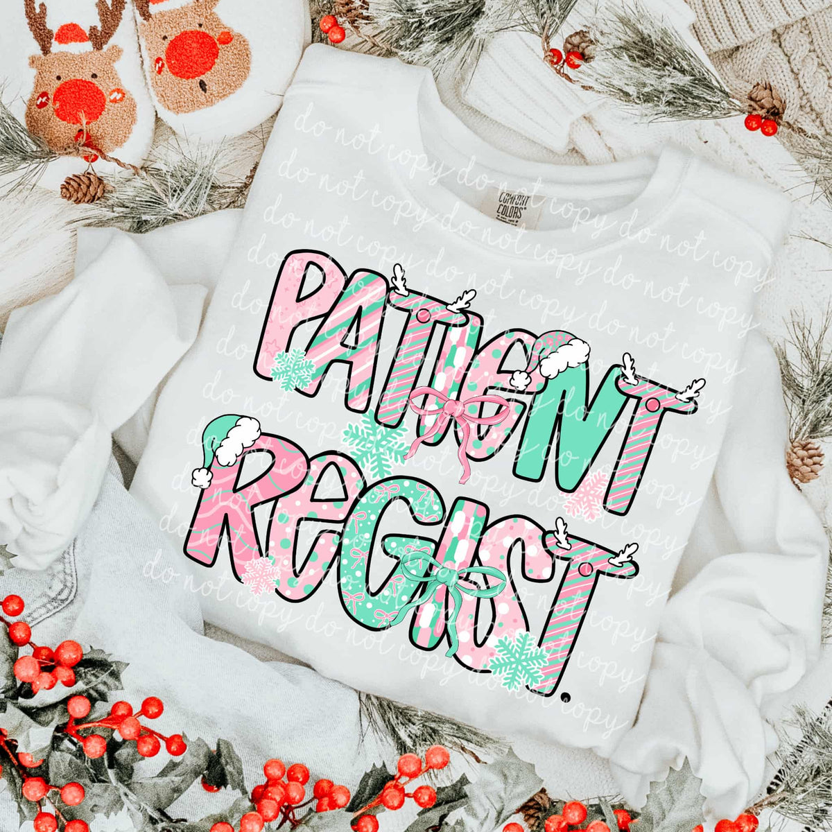 Patient Regist Mint and Pink Christmas letters DTF transfer