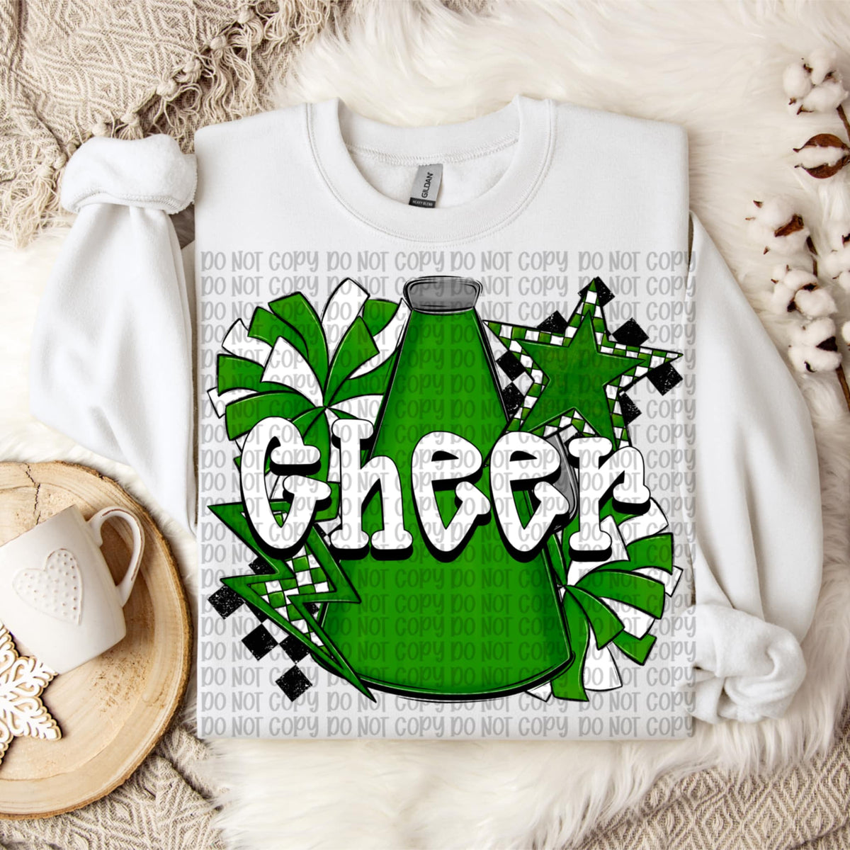 Cheer white words GREEN megaphone and pom poms VP DTF transfer