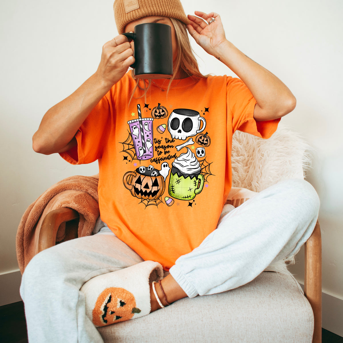 Tis the Season To be caffeinated halloween (black words)  CSC DTF transfer