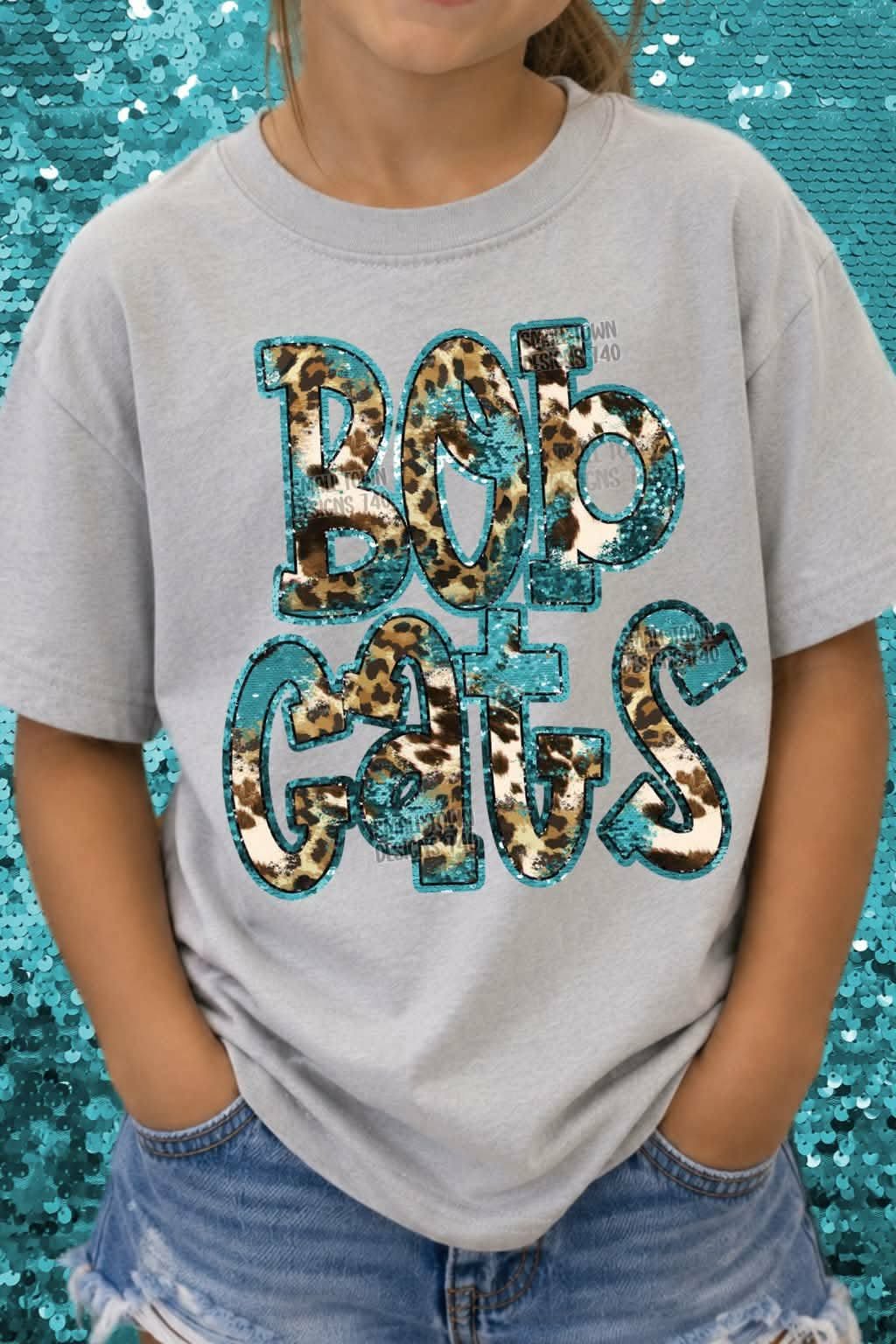 Bobcats animal print blue sequin outline (STD) DTF transfer